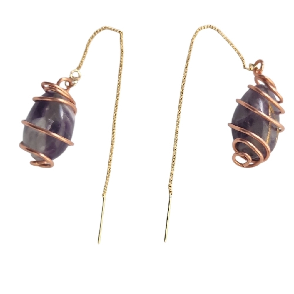 18K Gold Plated Amethyst Threader Earrings Dainty Crystal Drop Jewelry - Picture 1 of 3